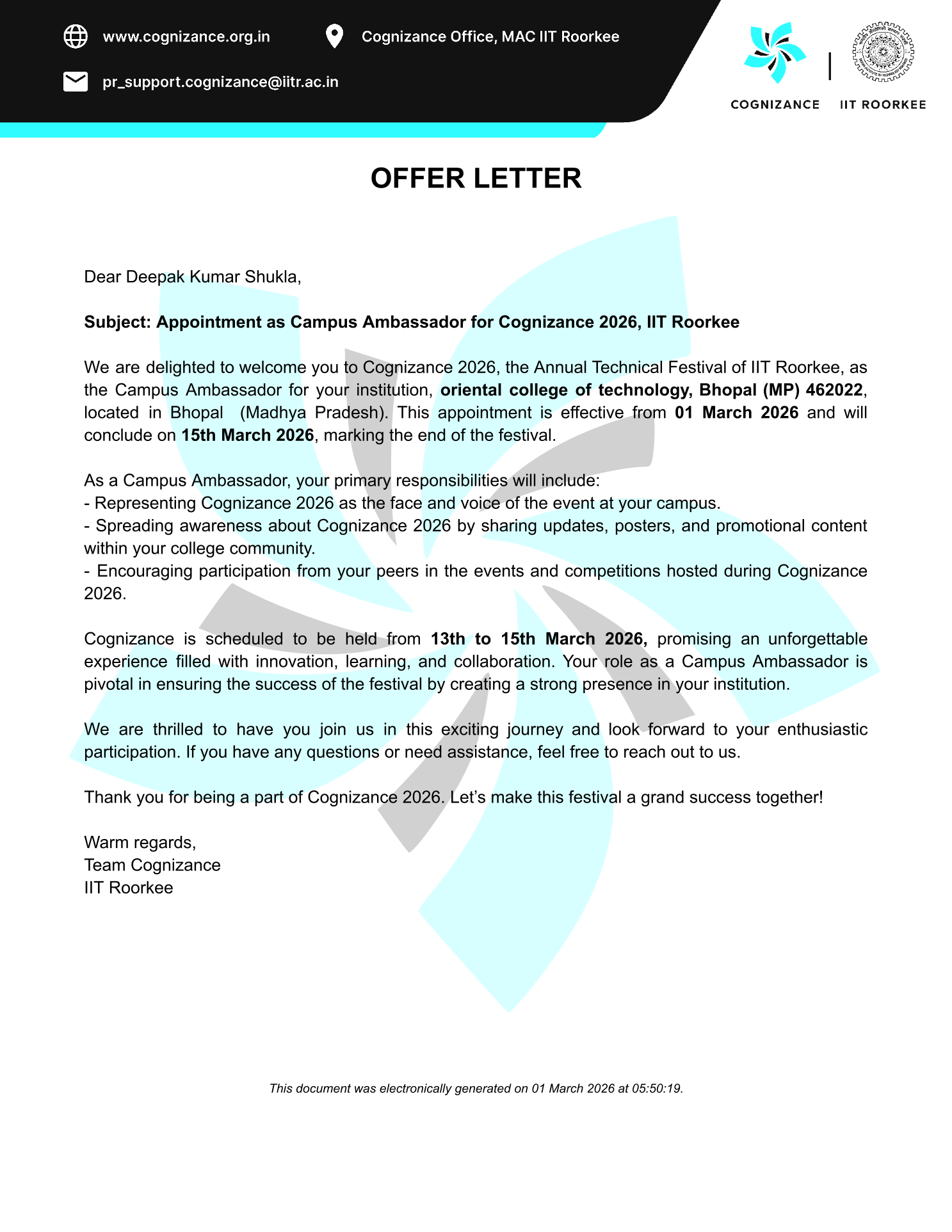 IIT Roorkee Cognizance 2026 campus ambassador offer letter